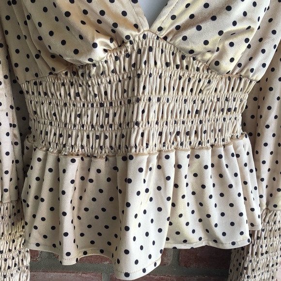 LULU’S Chic Upgrade Cream Black Polka Dot Velvet VNeck Smocked Hem Sleeves XL - Picture 8 of 10